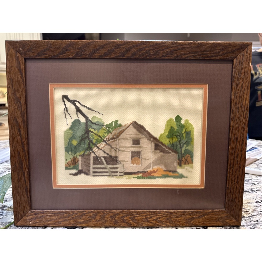 VTG  Framed Cross Stitch Needlepoint Farmhouse Barn Country Grandma Cottagecore